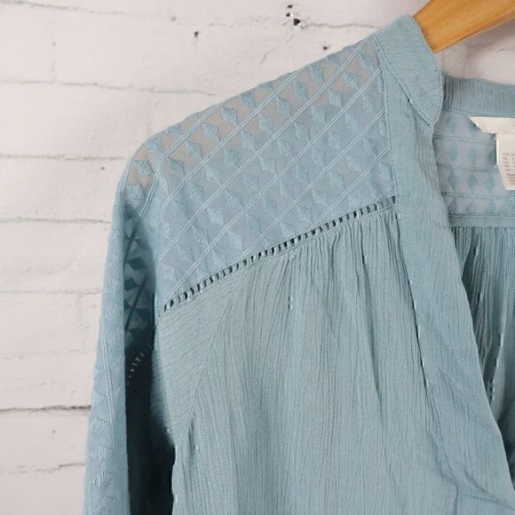 H&M BLUE LONG SLEEVE V NECK SHEER DETAIL TOP SIZE 2 - Picture 5 of 10